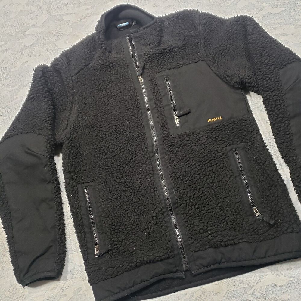 Kavu Jacket Mens Small Black Zip Up Sherpa Foreman Patches Outdoors